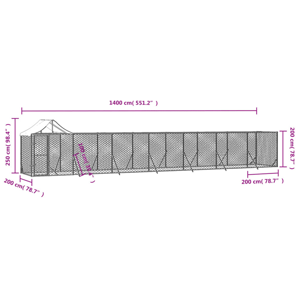 Chenil d'extérieur pour chiens avec toit argenté 14x2x2,5 m