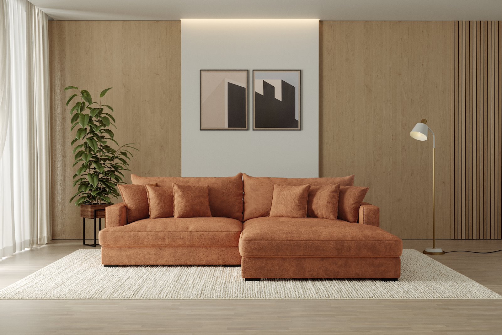 Rossi Lux 2-seter med XL sjeselong høyre Tekstil Genesis 9 Deep Terra, arm A med sorte ben. Lux Komfort.