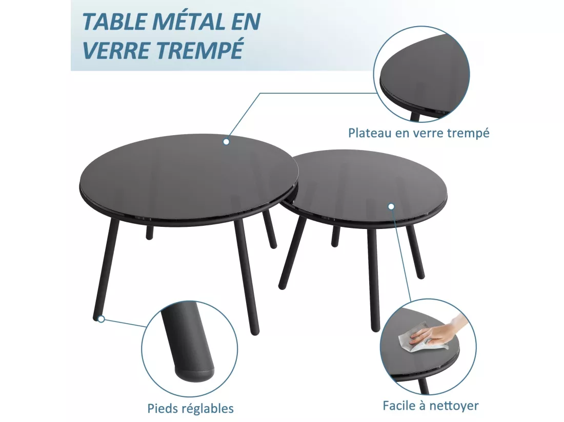 Salon de jardin ergonomique, un canapé 2 places + 2 fauteuils + tables gigognes en verre, avec coussins gris