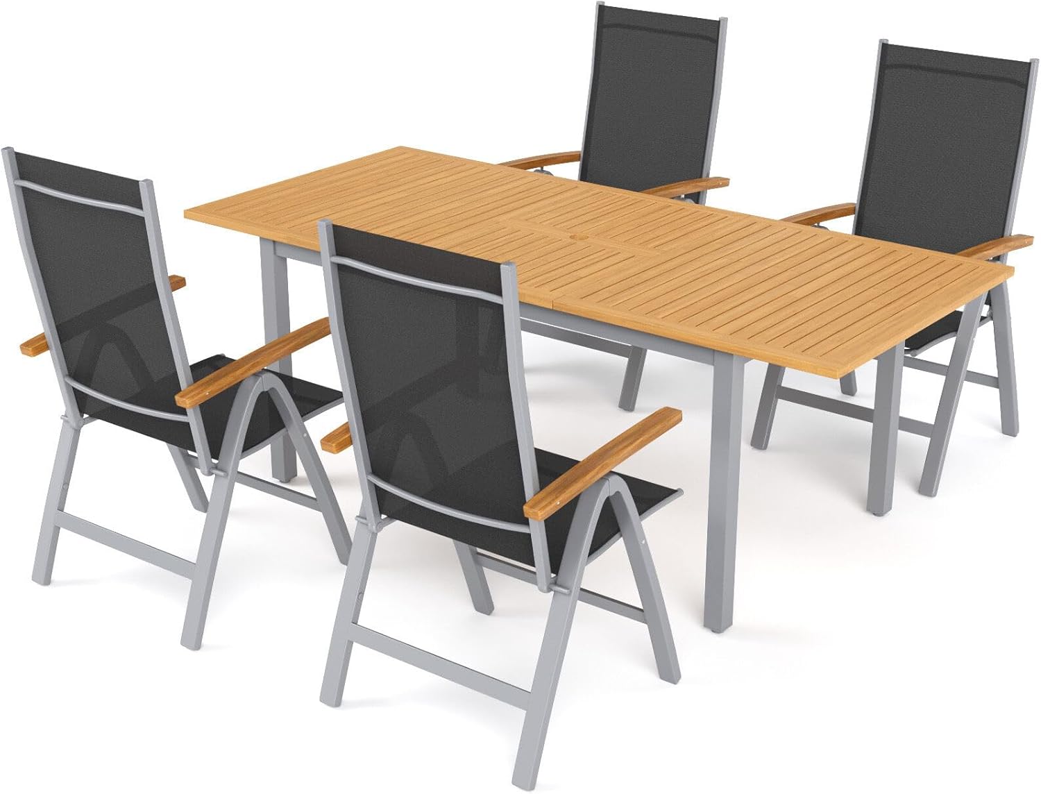 Villana Garten-Essgruppe mit 4 Klappstühlen, Silber, Alu/Eukalyptus, ausziehbarer Tisch 150/200 x 90 cm, FSC®-zertifiziertes Produkt