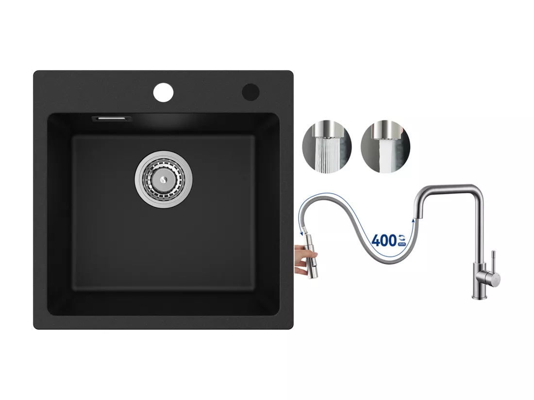 Cecipa MAX Evier 1 Bac en Quartz et Résine Noir 45x45cm Evier à Encastrer + Mitigeur avec Douchette Extractible, Brossé