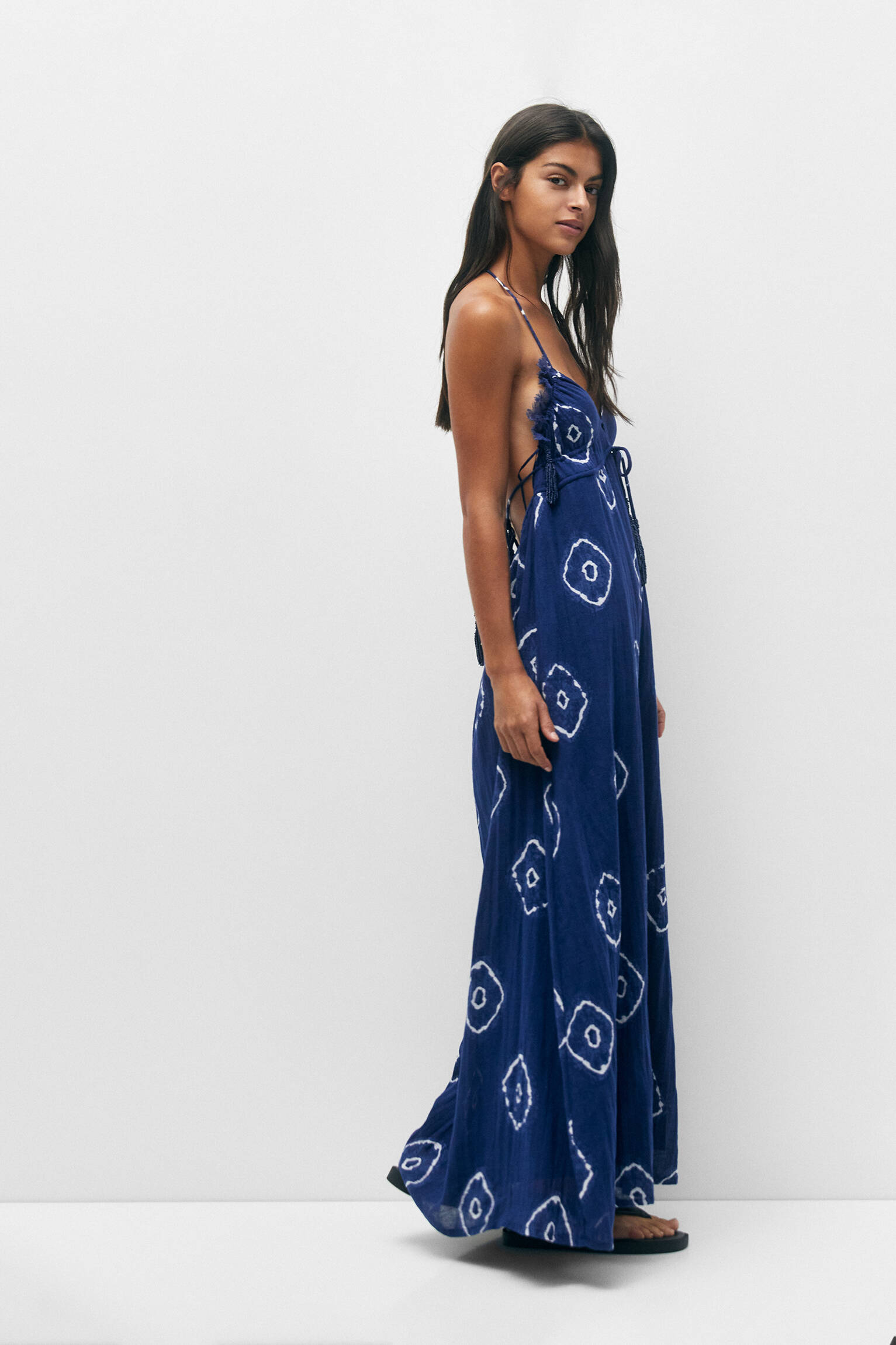 VESTIDO LONGO RÚSTICO COM DECOTE ALÇA - AZUL