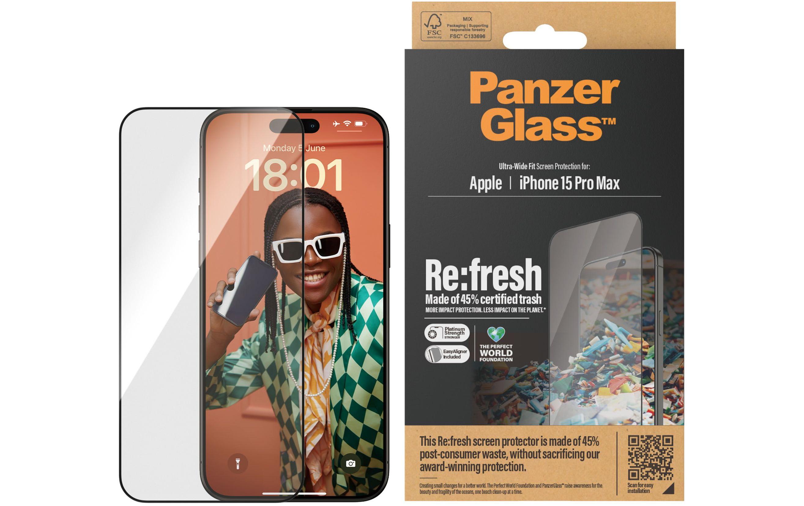 Displayschutz Refresh iPhone 15 Pro MaxDisplayschutzfolie mit Applicator und 45% recyceltem Glas für das Apple iPhone 15 Pro Max