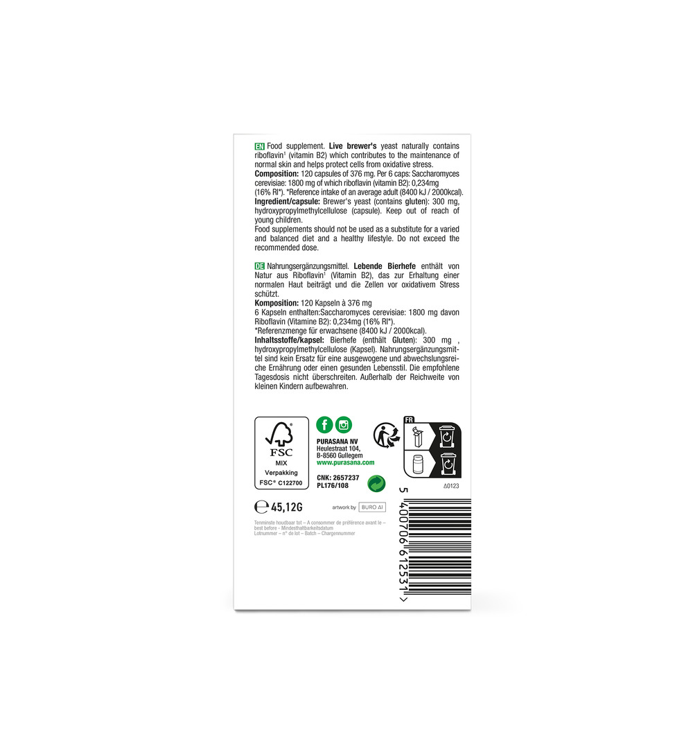 Purasana Levende Biergist/Levure De Biere Revivifiable (120 capsules)