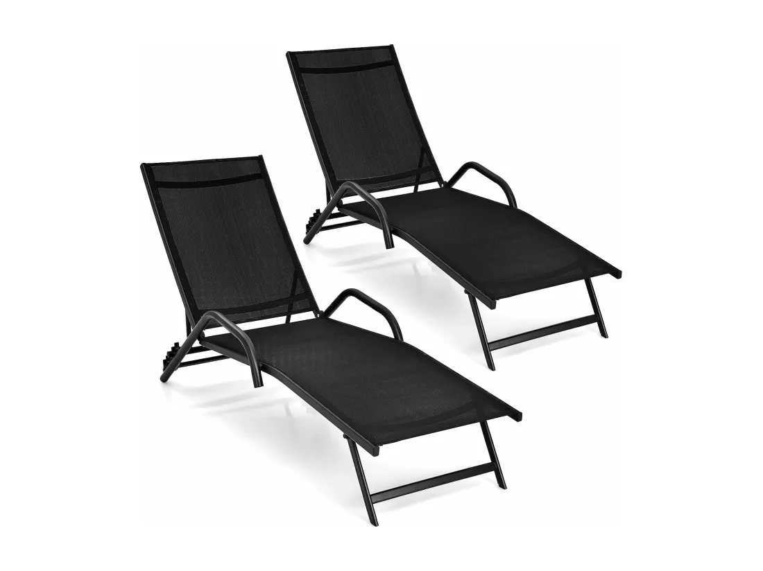 Lot de 2 Bains de Soleil Inclinables d'Extérieur avec Accoudoirs et Dossier Réglable à 5 Positions, Charge 150 kg, Noir