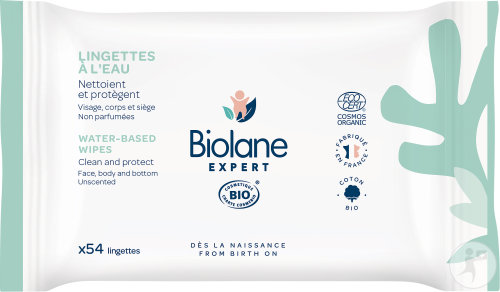 Biolane Expert Lingettes À L'Eau Non Parfumées Bio Visage Corps Et Siège Toutes Peaux 54 Lingettes