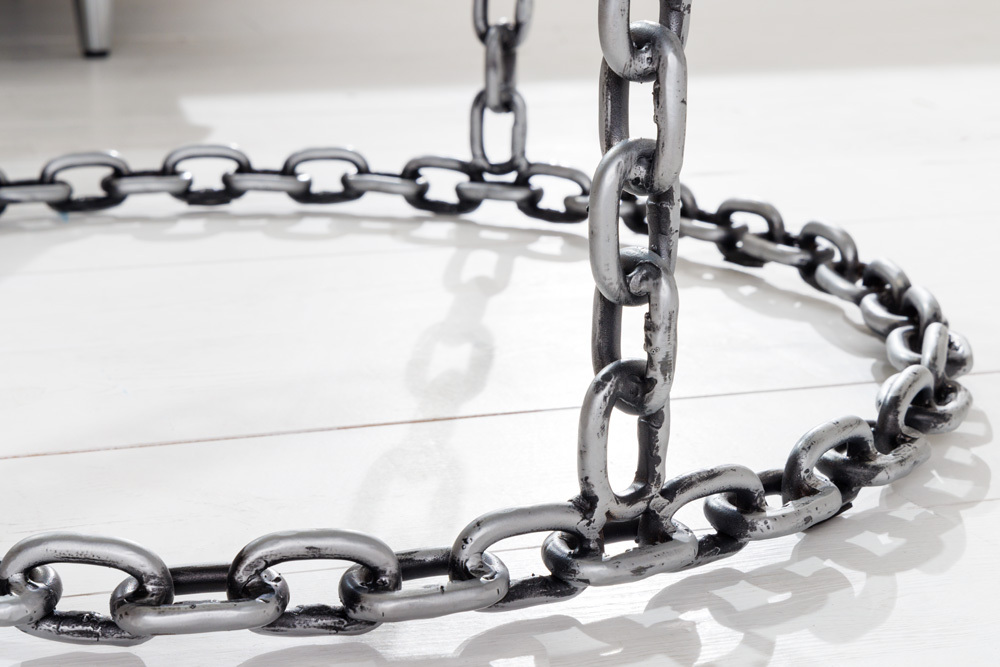Design Couchtisch CHAINS 65cm silber handmade Metall rund Glasplatte Kettengestell