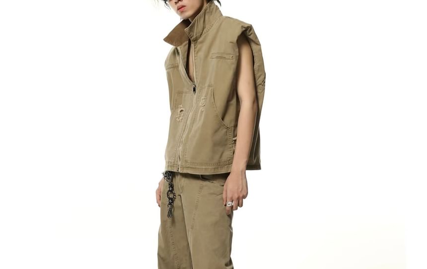 Cowpow - Effen vest met rits en distressed effect