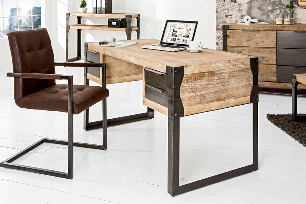 Massiver Industrial Schreibtisch FACTORY 135cm Akazie weiß gekälkt