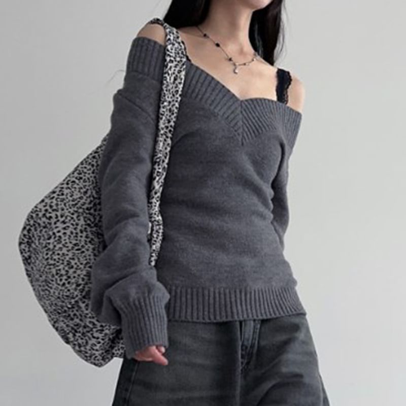 Sosana - Lange mouwen off-shoulder V-hals effen slim-fit trui