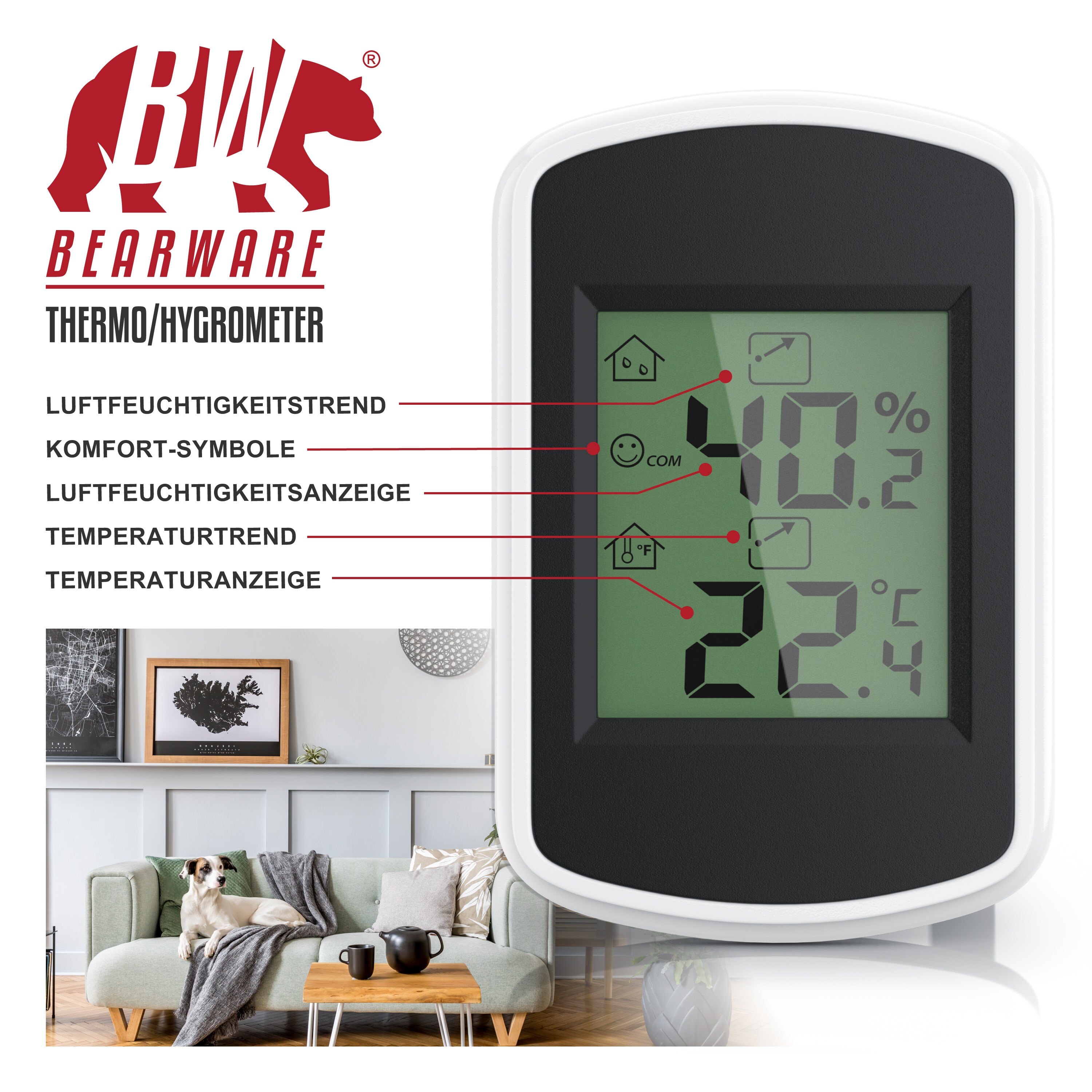 BEARWARE Thermometer Hygrometer - Temperatur und Luftfeuchtigkeitmessgerät - Komfortsymbole - Trendanzeige - °C - Haltemagnete und Standfuß