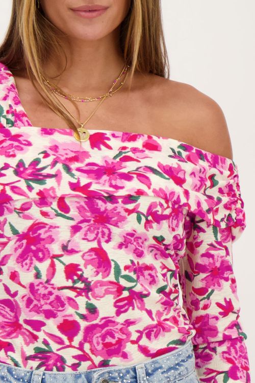 Beige off-shoulder top met roze bloemenprint