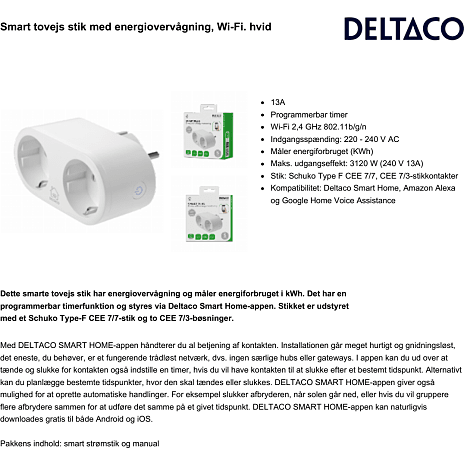 Deltaco Smart dobbeltstik med energiovervågning - hvid