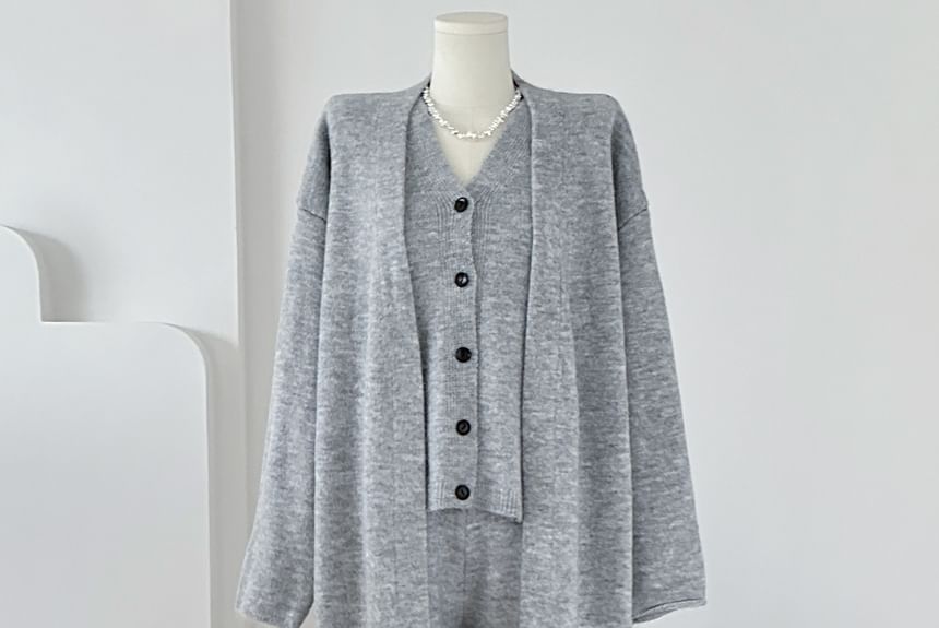 Hevnir - Set: Effen midi-vest met open voorkant + enkelrijs vest + hoge taille broek met wijde pijpen
