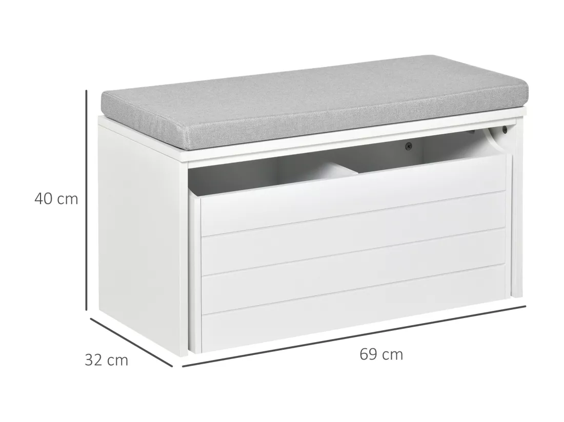 Banc de rangement avec coussin gris - meuble à chaussures - banc à chaussures avec grand tiroir double compartiment - MDF blanc