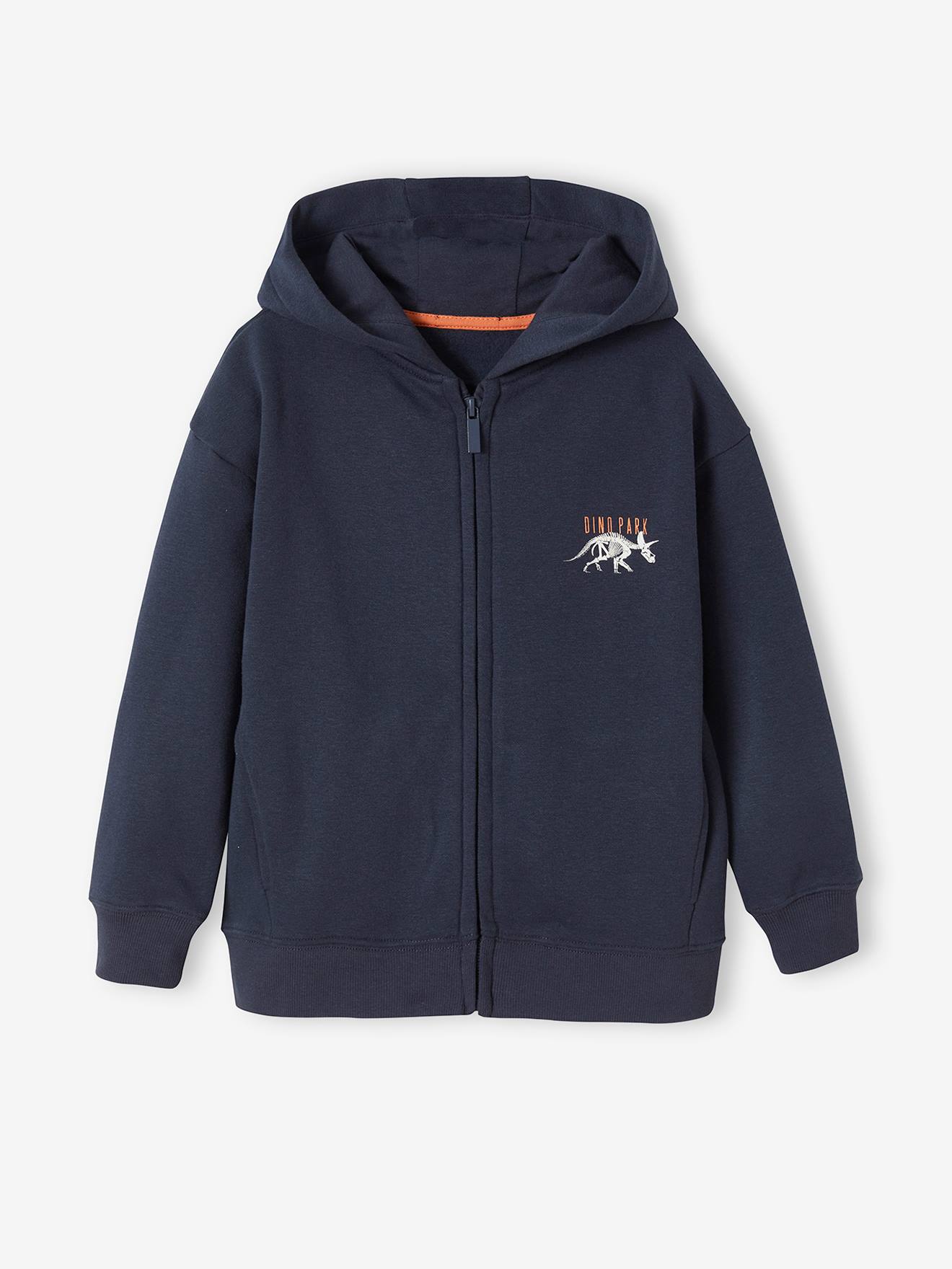 Moletom com capuz e zíper, detalhe no peito, para meninos, cinza escuro liso com estampas.