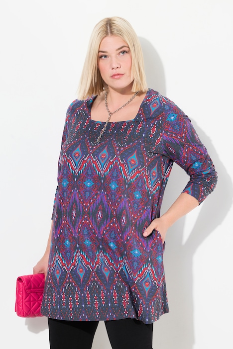 Longshirt, gemustert, A-Linie, Carree-Ausschnitt, Langarm