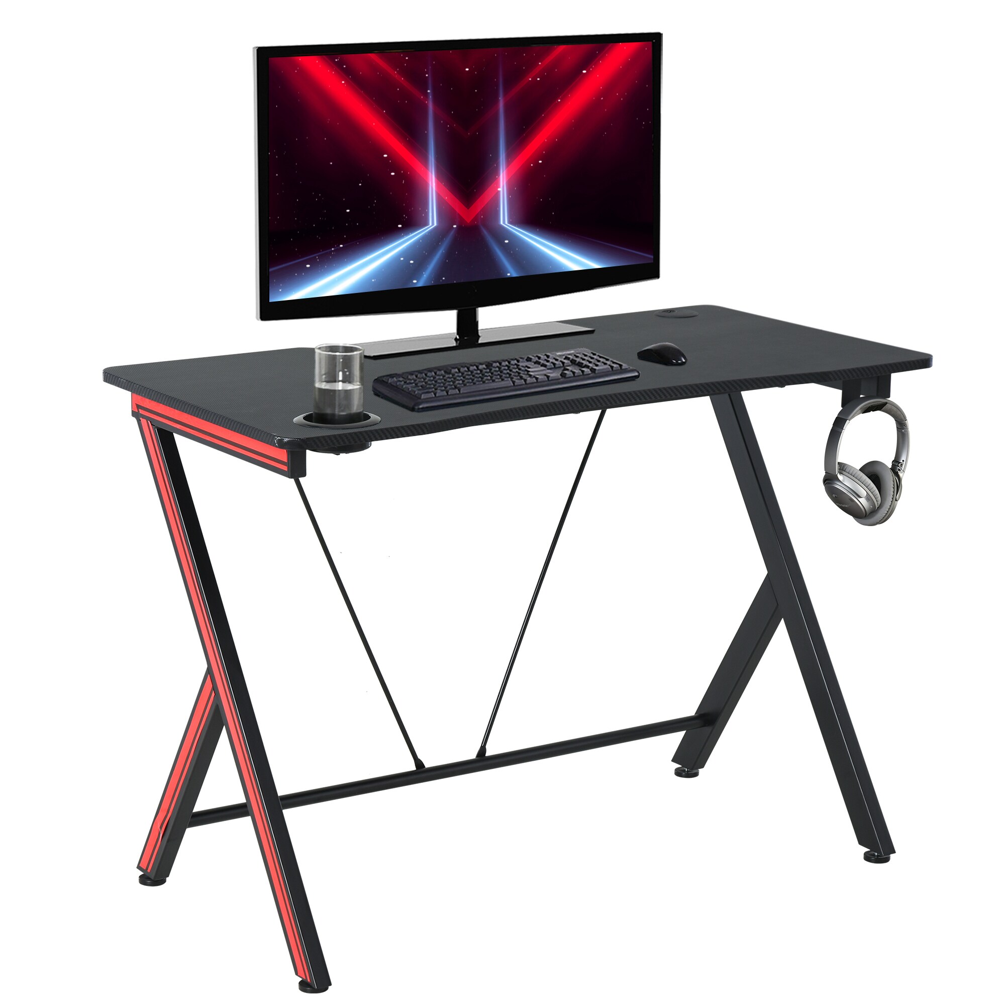 HOMCOM Gamingtisch mit Headset-Haken und Getränkehalter schwarz 105 x 55 x 75 cm (LxBxH)