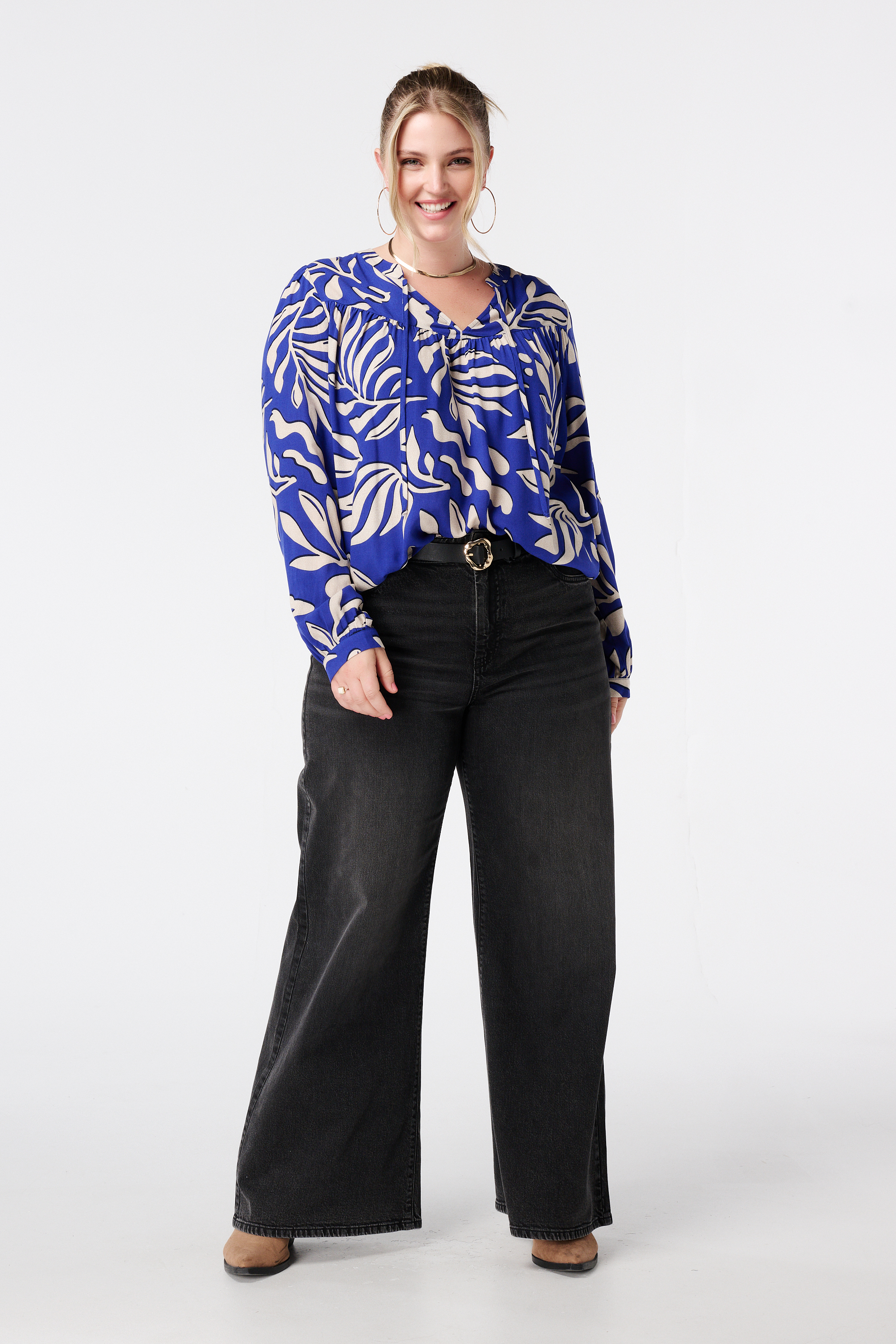 Blouse met print en klosjes Multi Kobalt blauw