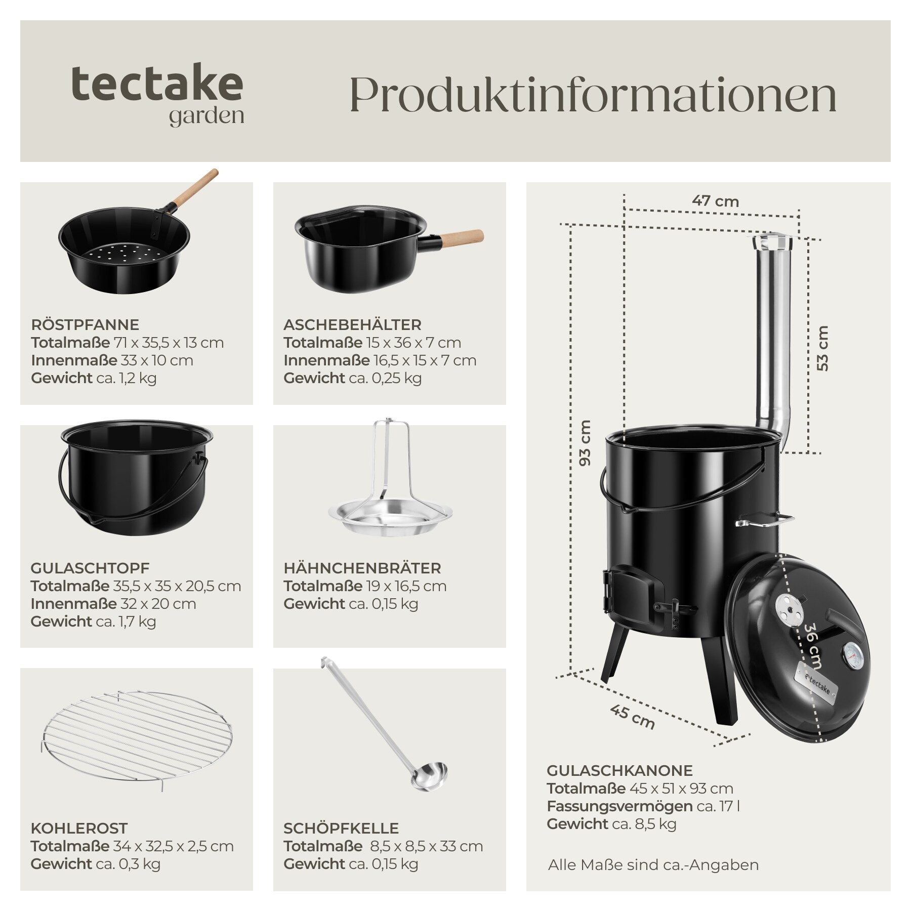 tectake® Gulaschkanone, hitzefester Stahl, 17 l, regulierbare Luftzufuhr, Thermometer, Emaillebeschichtung, 45 x 51 x 93 cm, inkl. Zubehör