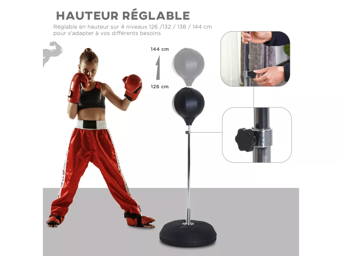 Punching ball sur pied réglable en hauteur 126-144 cm avec gants, pompe et base de lestage noir