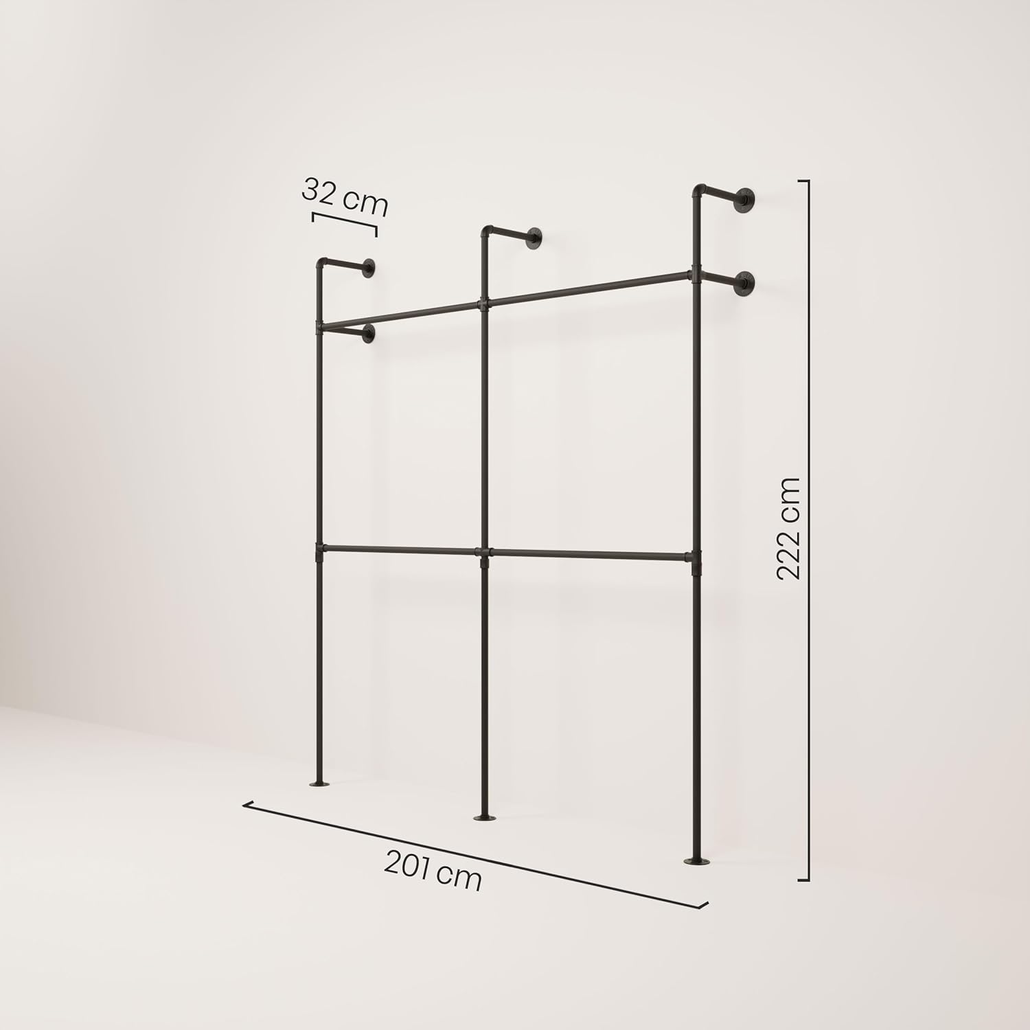 pamo Kleiderstange Wandmontage 201 x 222 cm - Begehbarer Kleiderschrank offen Kleiderständer industrial schwarz aus Metall Wasserrohren - 360 kg Traglast
