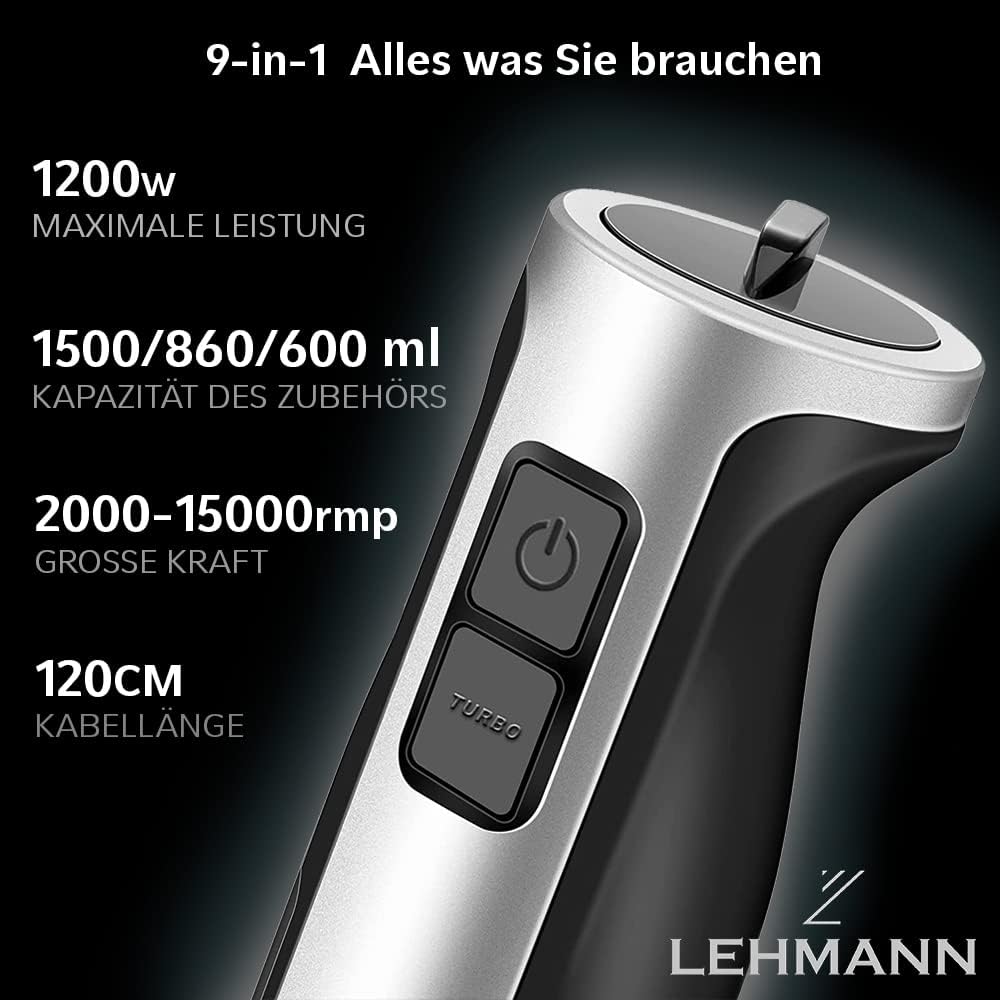 Lehmann Chopsui Mixeur plongeant 1200 W, Mixeur Plongeur avec 8 niveaux de vitesse en acier inoxydable, Mixeur blender pour Aliments pour Bebe, Soupe, Sauce et Purée, 9 Accessoires du mixer inclus : Cuisine et Maison