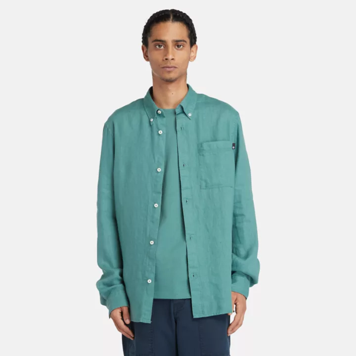 Chemise en lin à poche pour homme en bleu sarcelle