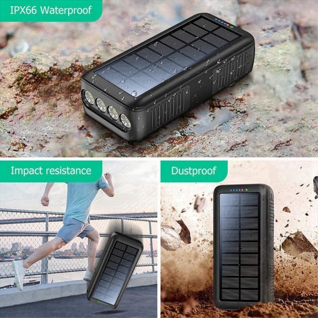Håndsving 30000mAh Sol PowerBank Lightning/USB-C/Mikrokabel