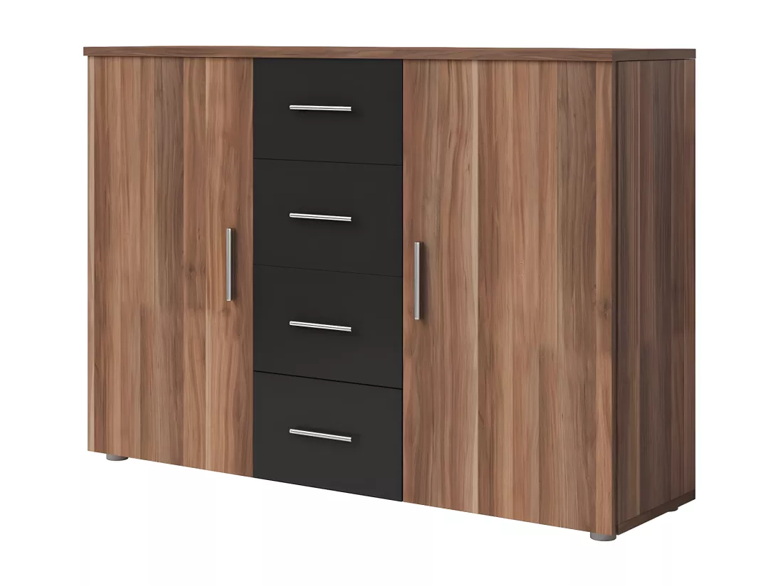 Commode 2 portes et 4 tiroirs 130cm. Collection IRINA couleur red wallnut et noir.