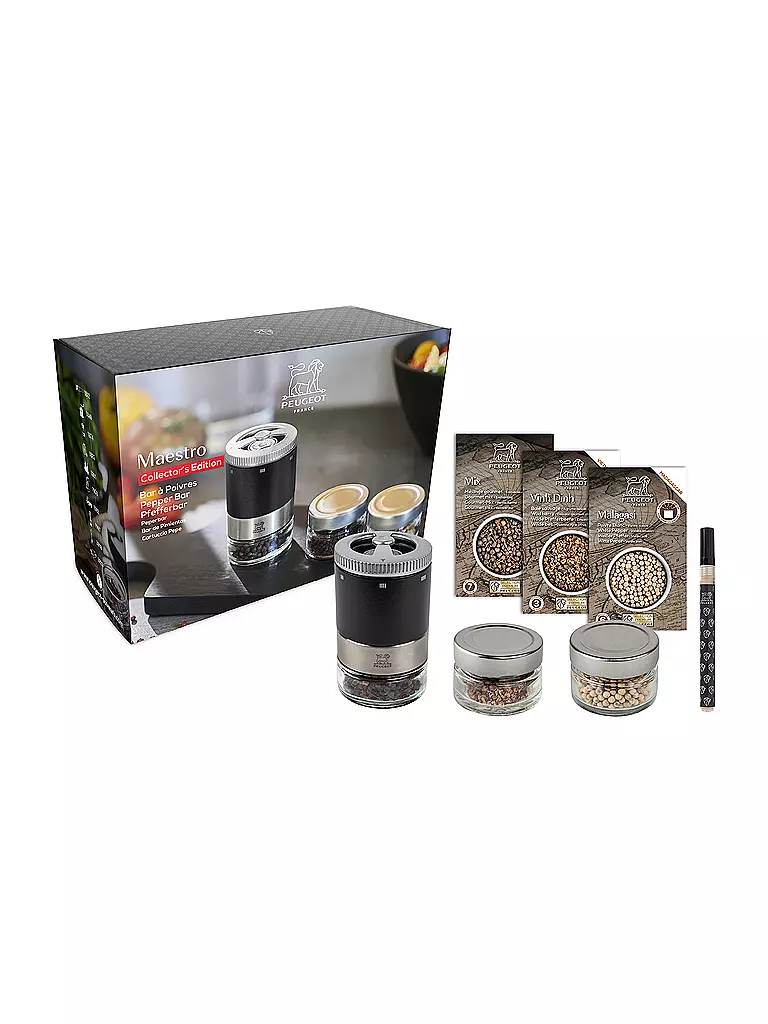 PEUGEOT Pfeffermühle U'Select, Pfefferbar, inkl. 3 Premium-Pfeffern im Vorratsglas, Rezeptbuch & Stift zur Beschriftung Schwarz Ma  schwarz