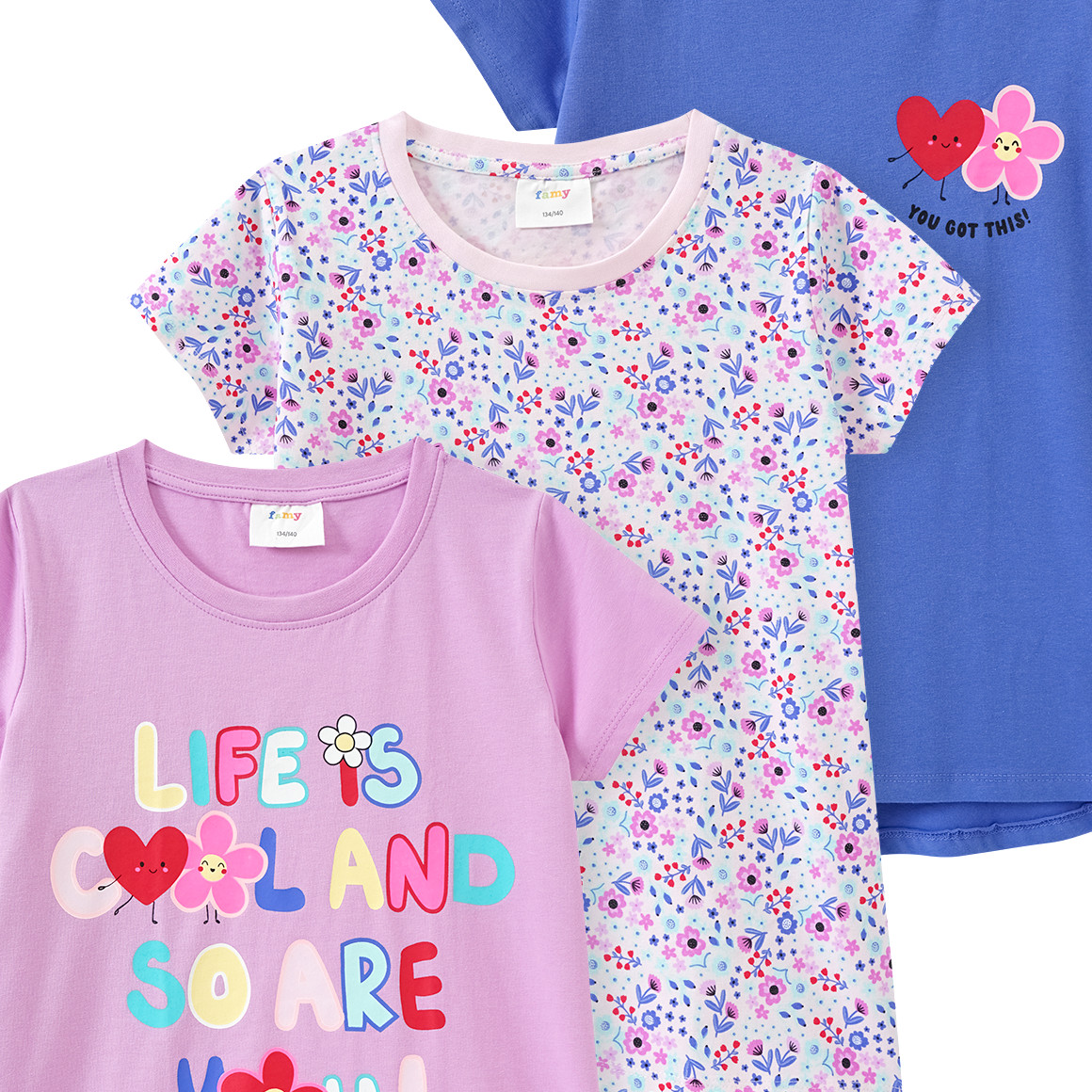 Famy 3 Mädchen T-Shirts mit bunten Motiven helllila / blau / zartrosa