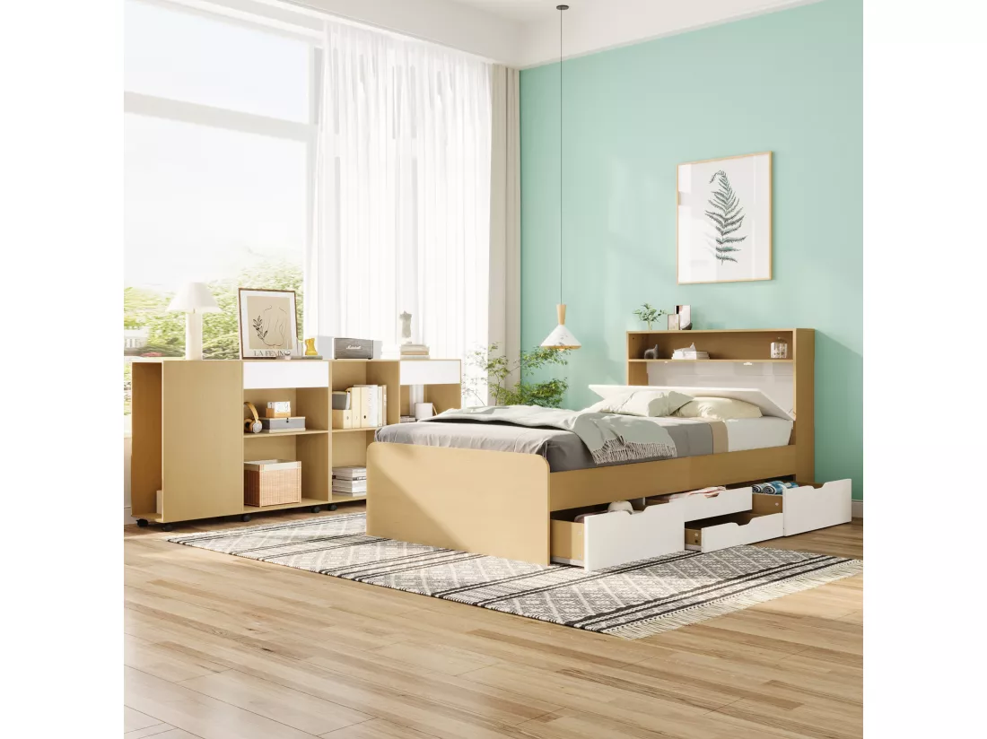 Ensemble lit enfant 90 x 200 cm avec 4 tiroirs et 2 armoires à roulettes - MDF + panneaux de particules - coloris blanc + chêne clair
