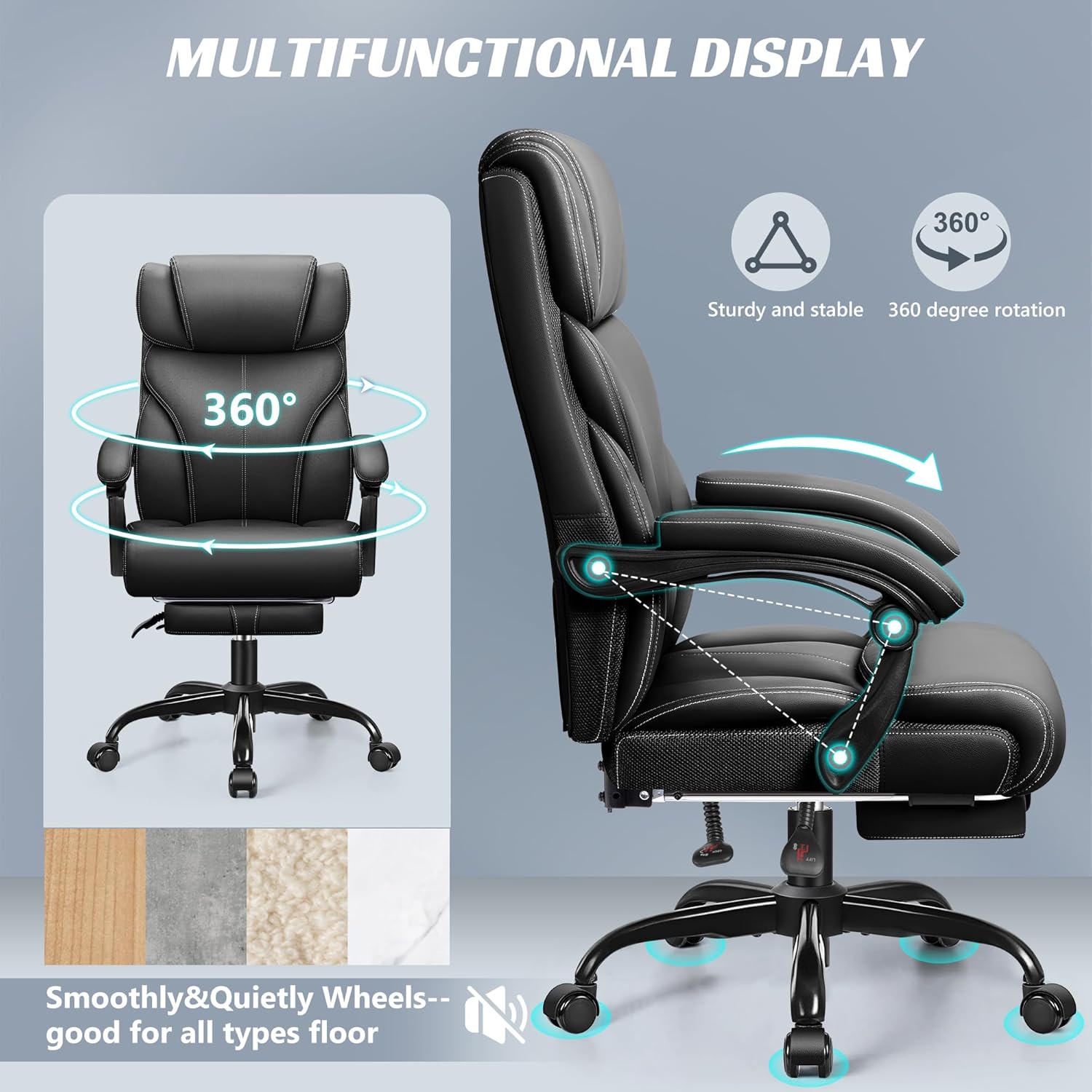 FelixKing Bürostuhl, Leder Chefsessel Ergonomischer, komfortabler drehbarer Bürostuhl mit Verstellbarer hoher Rückenlehne, geeignet für Heimspiele(Matte Black)