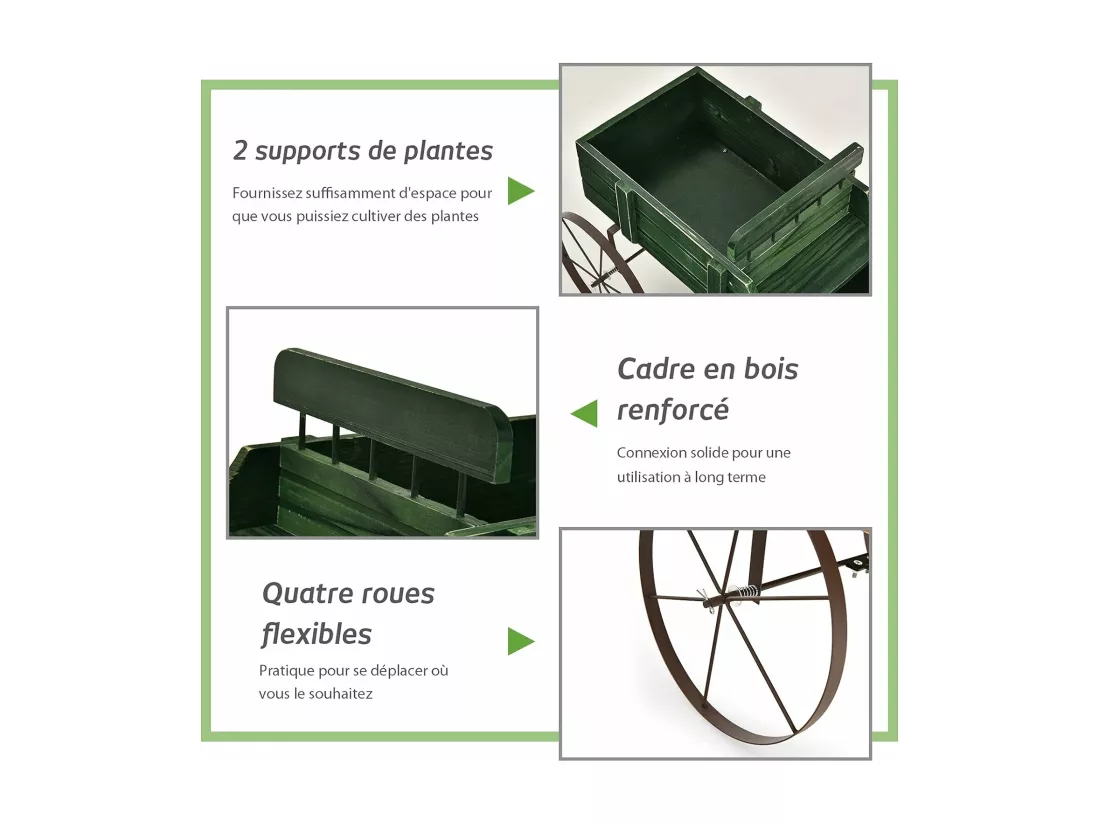 Brouette Décorative en Bois avec 2 Compartiments à Planter Roues Métalliques Poignée Charge 15kg pour Cour Vert