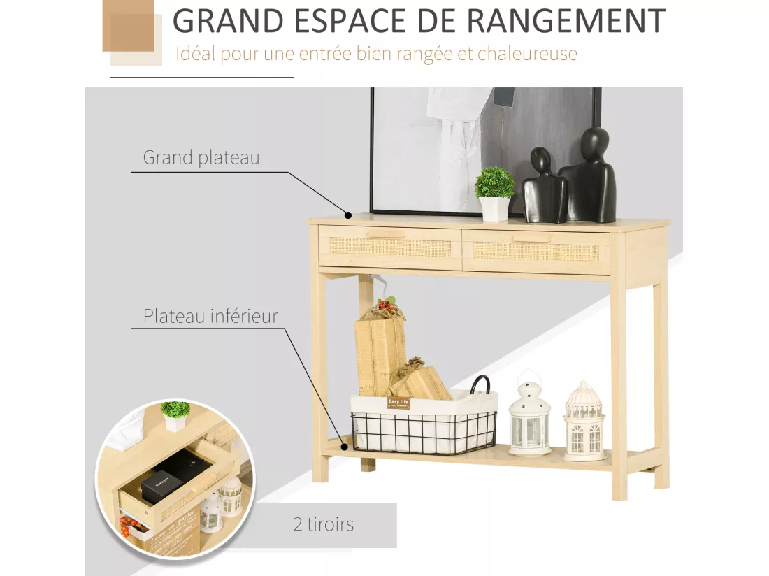 Console table d'appoint dim. 100L x 30l x 76H cm 2 tiroirs façades cannage en rotin étagère MDF aspect bois clair