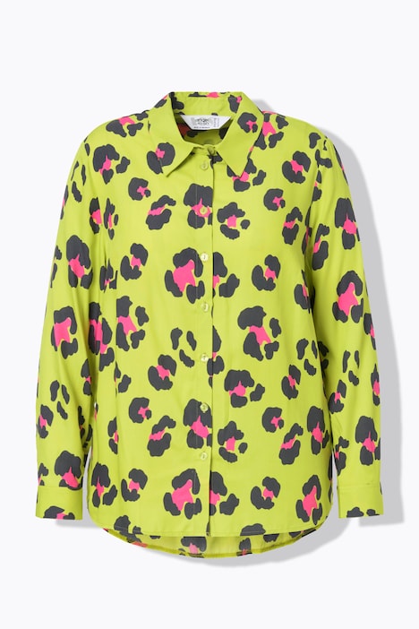 Bluse, A-Linie, farbiges Leomuster, Langarm