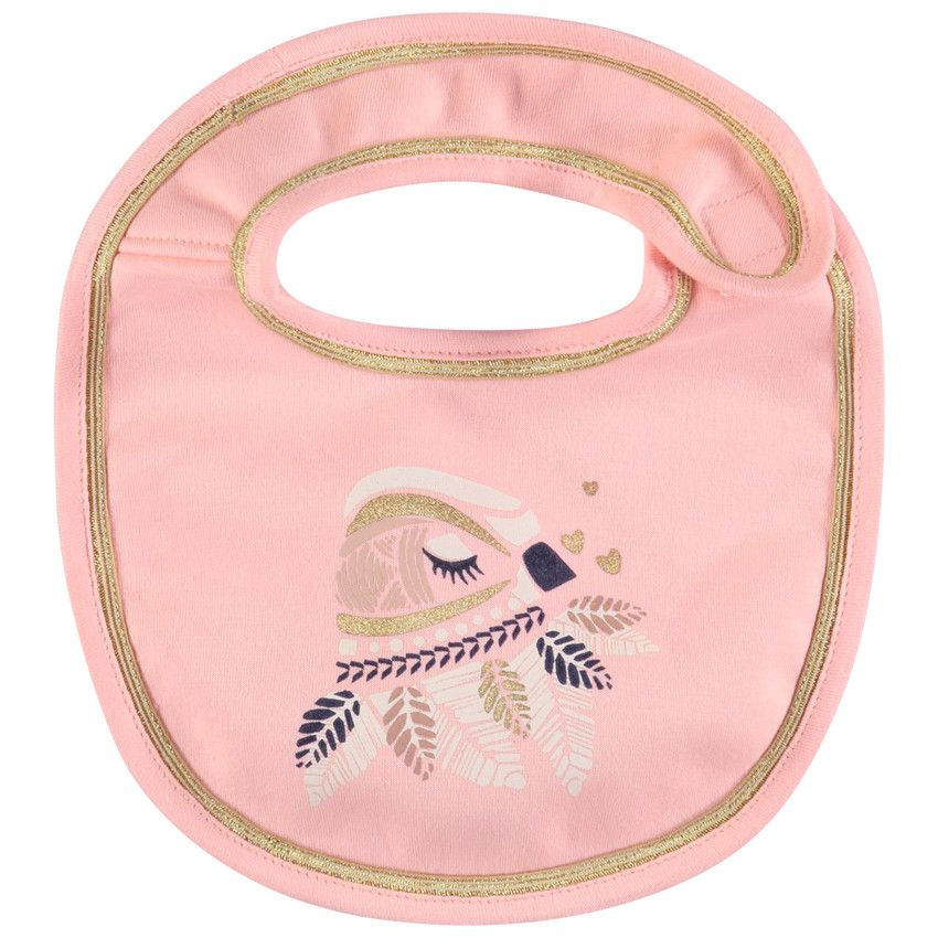Bavoir rose print oiseau pailleté et biais doré - Rose