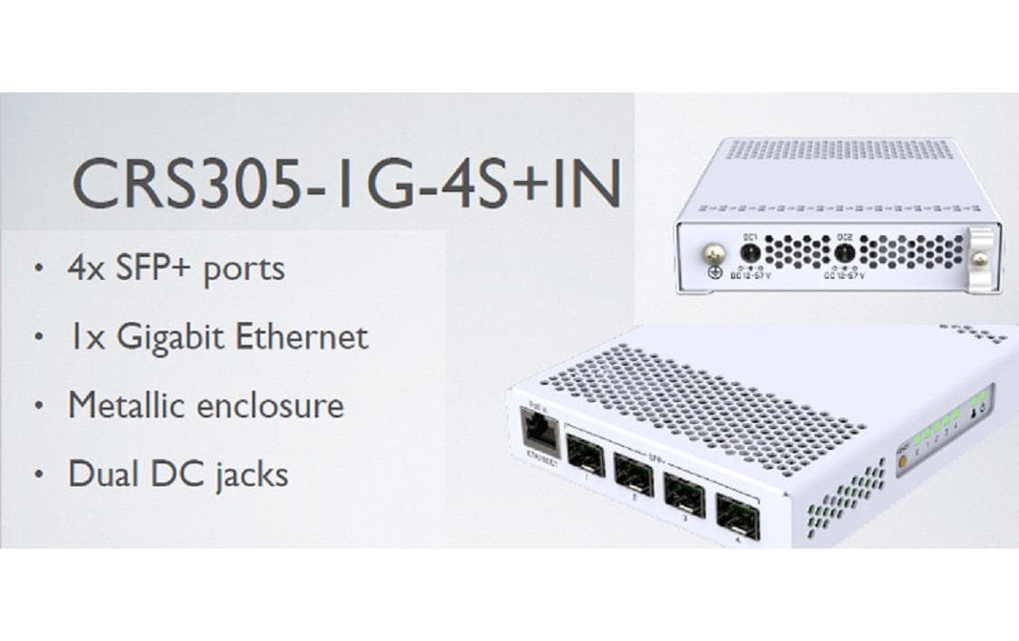 SFP Switch CRS305-1G-4S+IN 5 Port<br>Desktop-Switch mit fünf Ports, einem Gigabit-Ethernet-Port und vier SFP+ 10Gbps-Ports