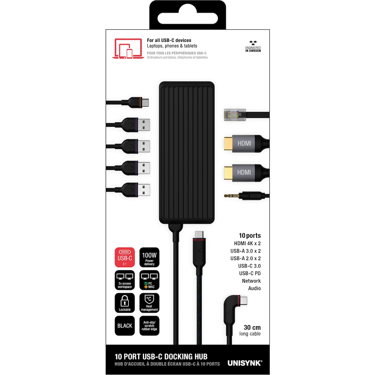 Unisynk 10-Port USB-C hub (sort)