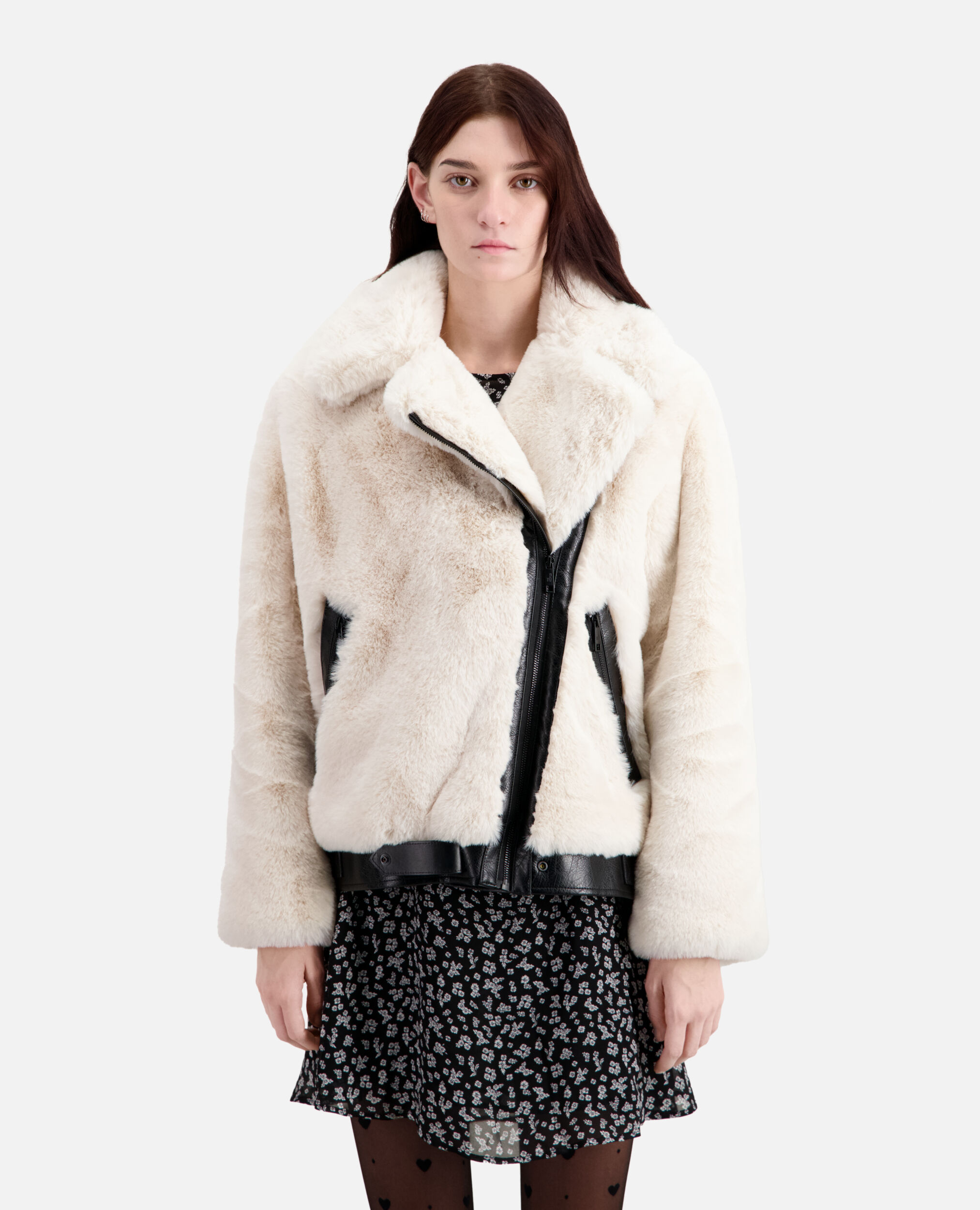 Ecru faux fur bomber jacket