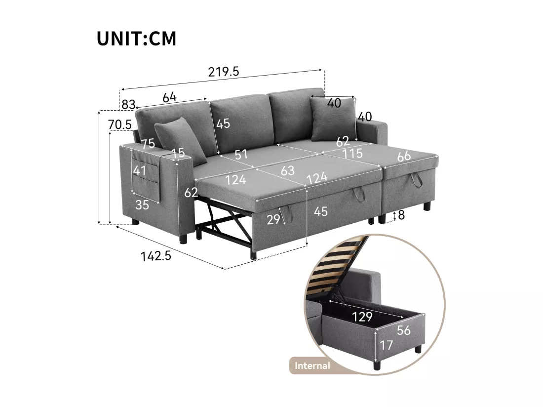 Canapé 3 places convertible en tissu lin - avec rangement et poches latérales - Gris