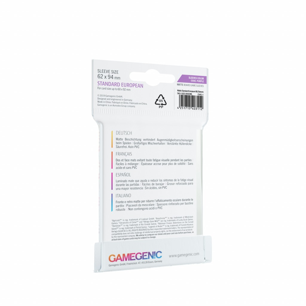 Gamegenic - 50 Matte Sleeves Standard Européen - 62x94