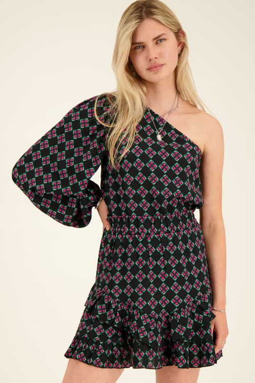 Zwarte one shoulder top met roze print