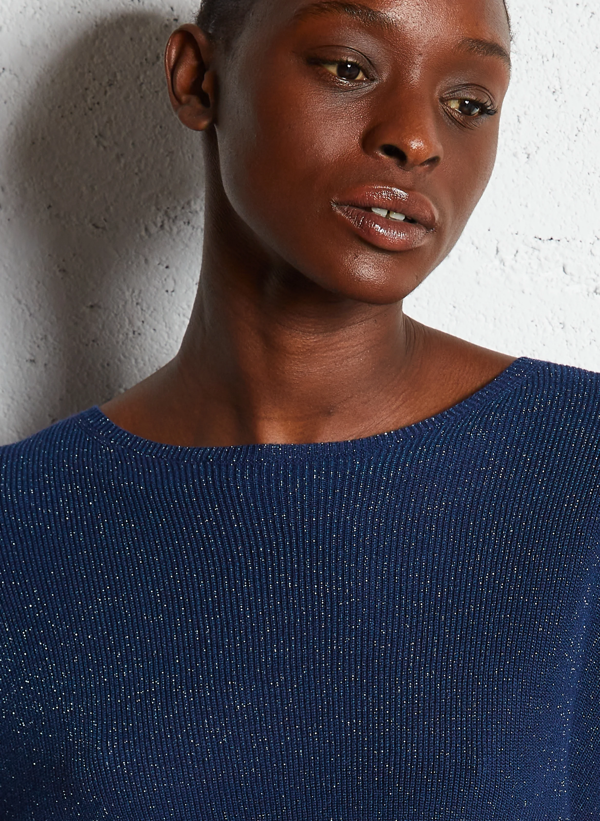 MACARENY - Pull droit col bateau en maille lurex | Bleu
