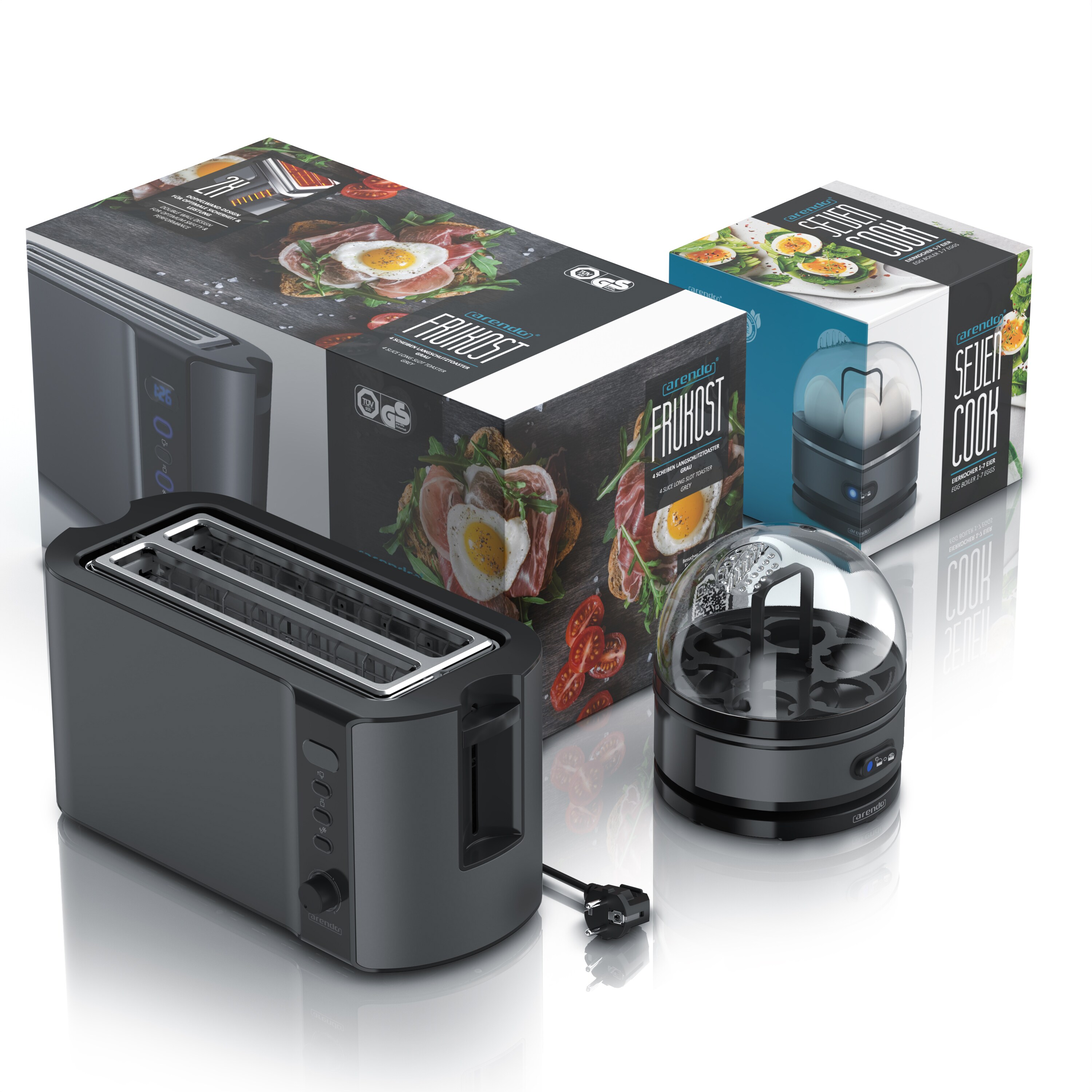 Arendo - SET Toaster FRUKOST mit Eierkocher SEVENCOOK Edelstahl Grau, Toaster 4 Scheiben, LED-Display, 6 Bräunungsgrade, Brötchenhalter - Eierkocher