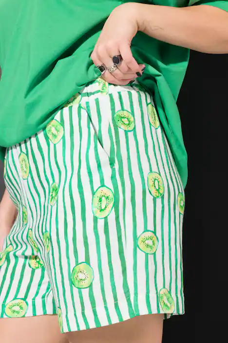 Streifenshorts Musselin, Wide Legs, Fruitprint, Elastikbund, hellgrün