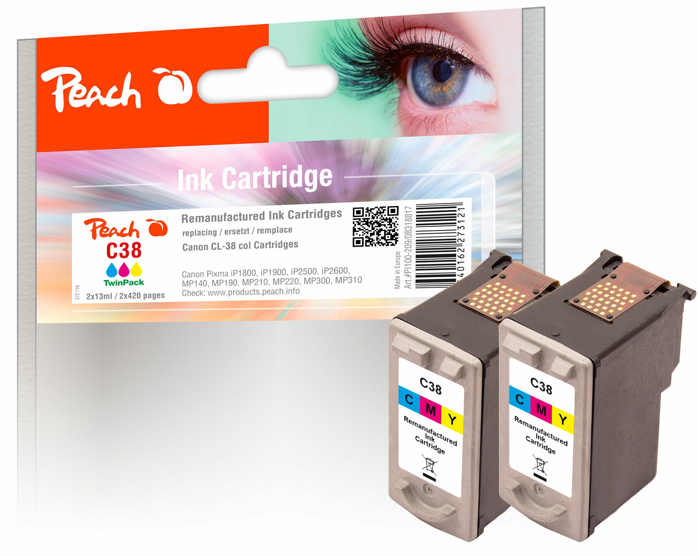 Peach C38 C 2 Druckköpfe 2*col ersetzt Canon CL-38C*2, 2146B001 für z.B. Canon Pixma MP 220, Canon Pixma IP 1800, Canon Pixma IP 1900