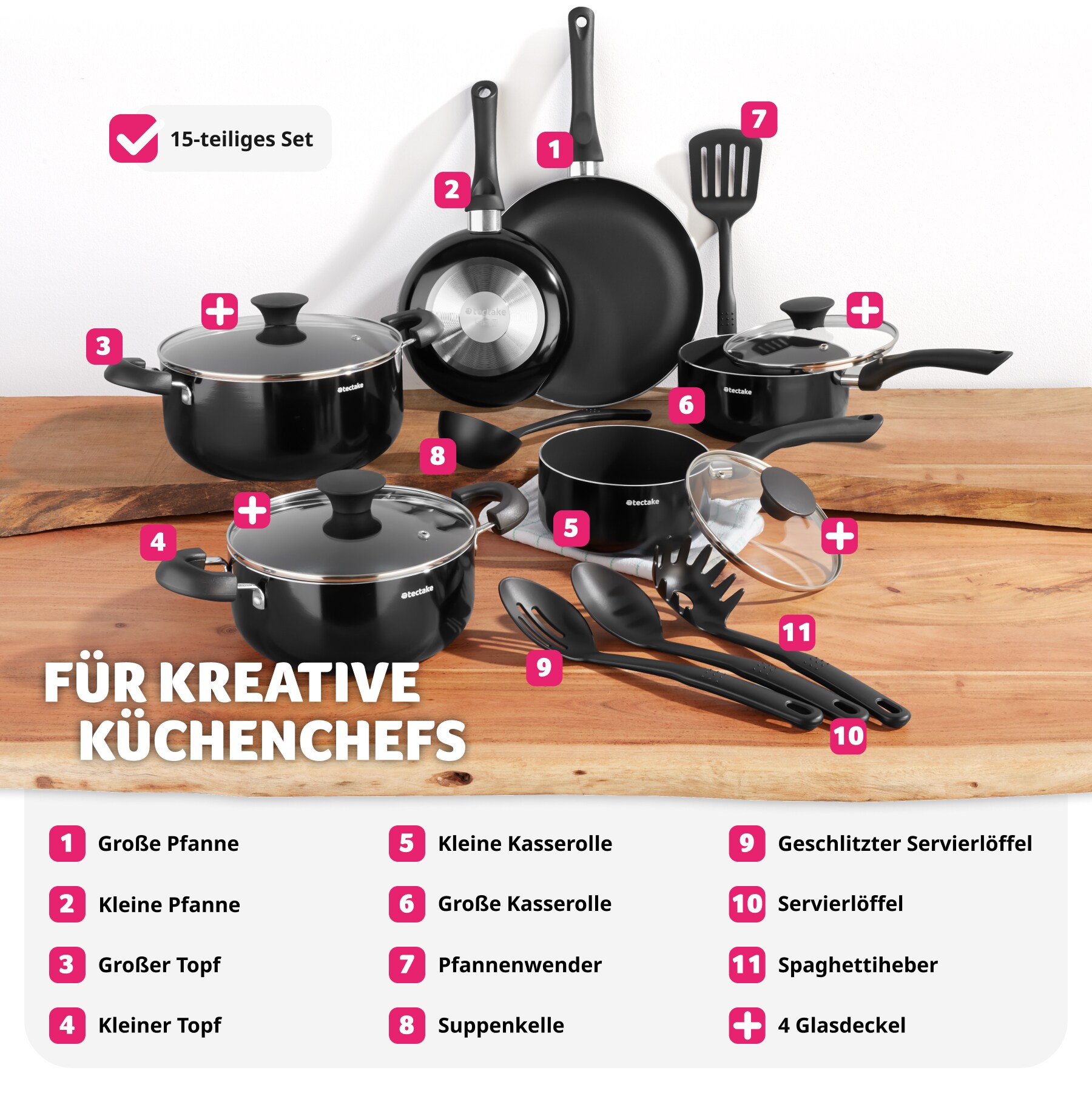 tectake® Kochgeschirr-Set, 15-teilig, Glasdeckel mit Dampfabzug, 5 Küchenwerkzeuge