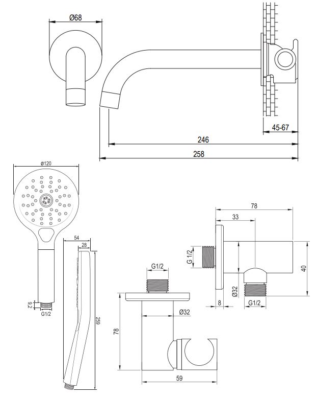 Brauer Copper Edition inbouw badkraan met uitloop en 3 standen handdouche koper geborsteld PVD